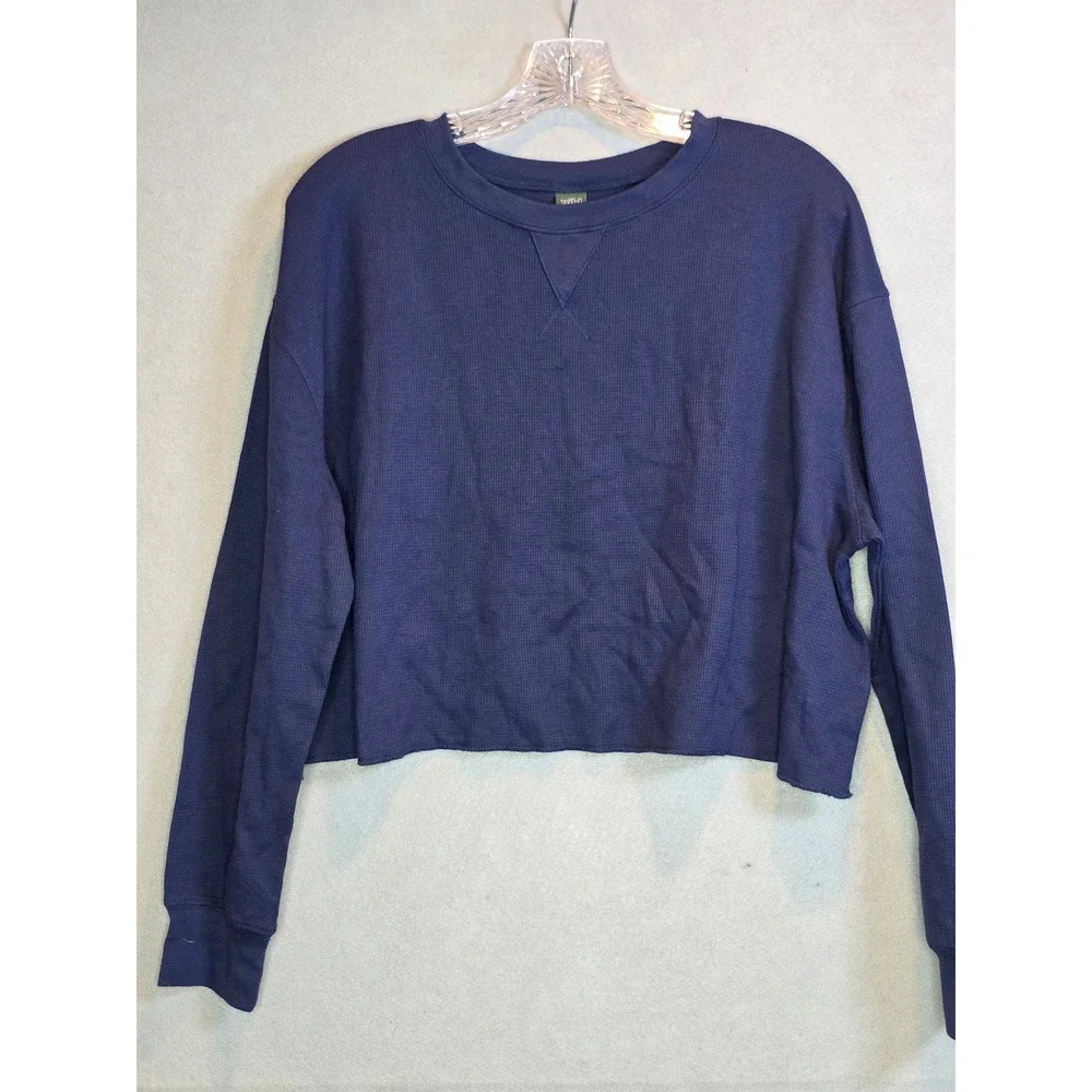 Wild Fable Navy Blue Waffle Knit Raw Hem Cropped Thermal Top XL - Picture 1 of 8